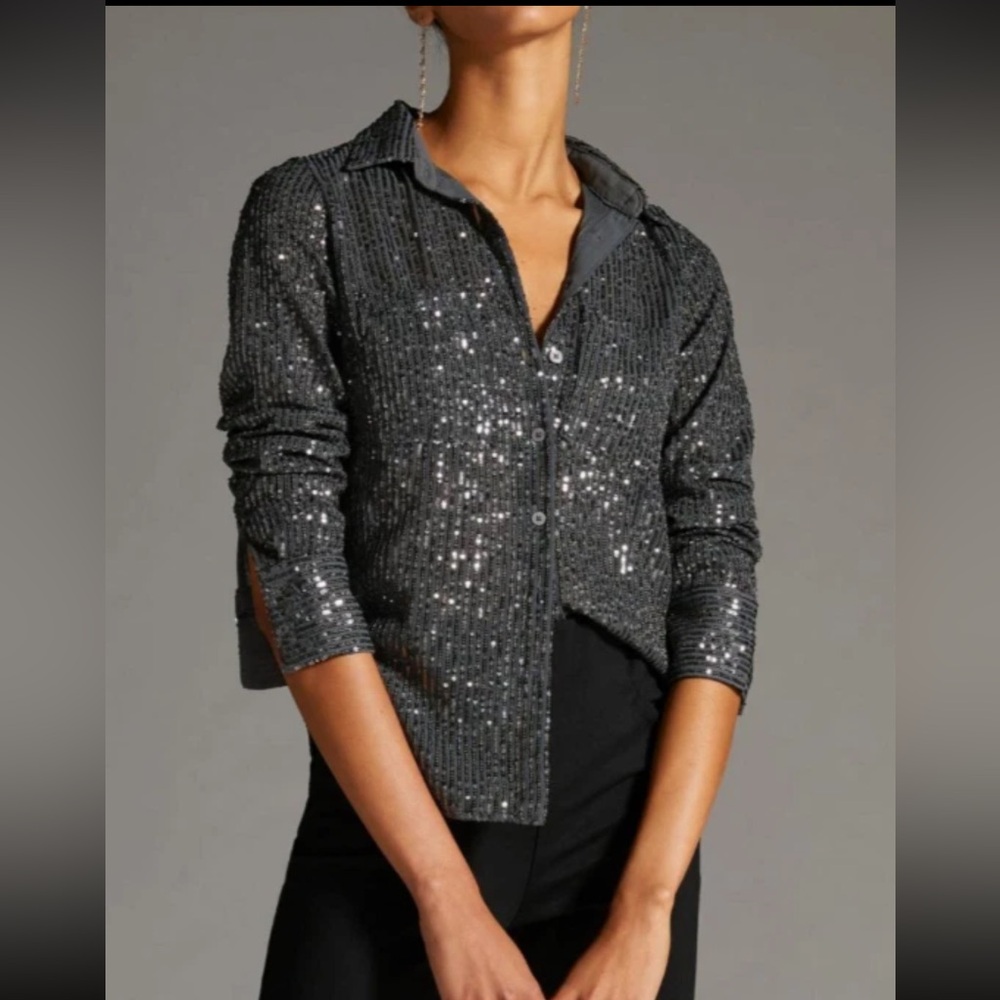 Anthropologie Gray Sequin Collared Button-Down To… - image 2